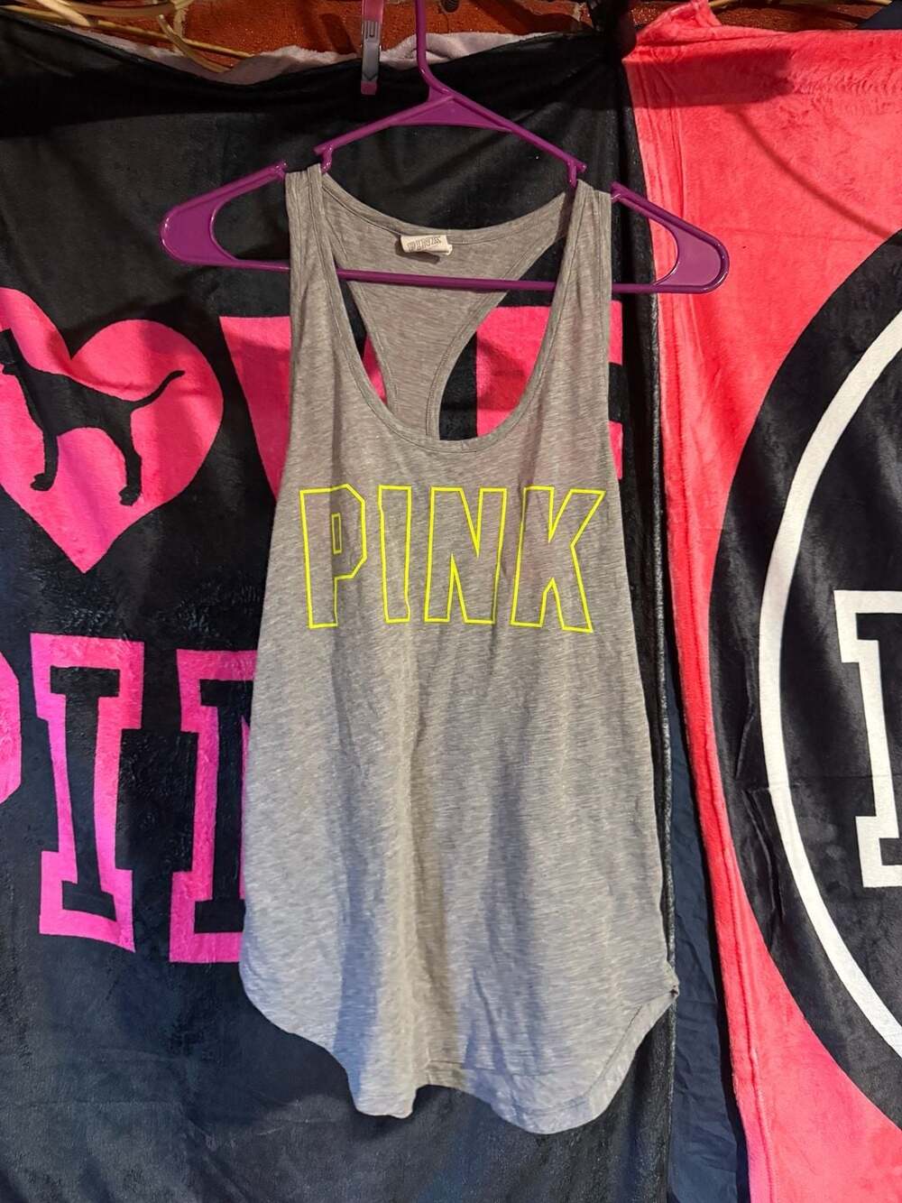 Victoria's Secret PINK Heather Grey Neon Yellow Logo Racerback Tank Top